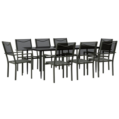 Set da Pranzo da Giardino 9 pz Nero in Acciaio e Textilene