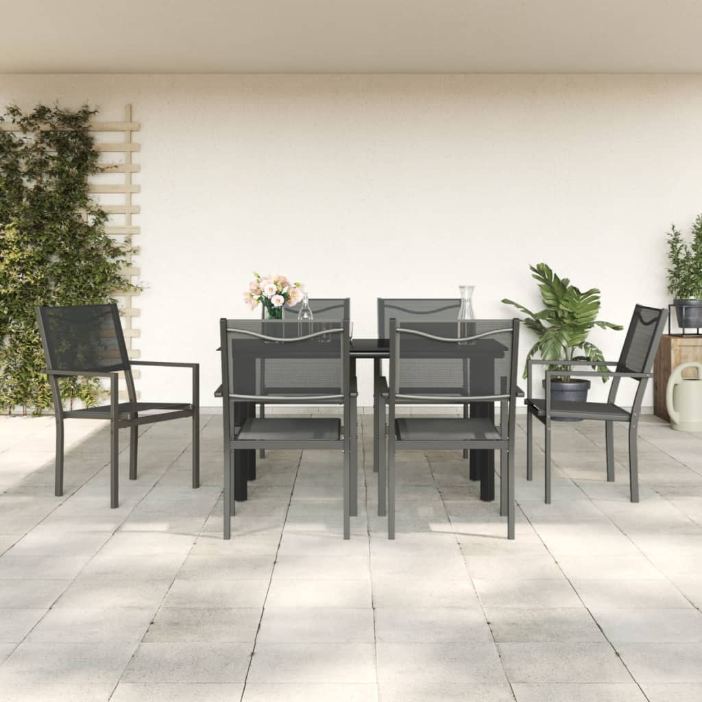 Set da Pranzo da Giardino 7 pz Nero in Acciaio e Textilene