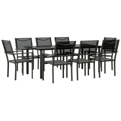 Set da Pranzo da Giardino 9 pz Nero in Acciaio e Textilene