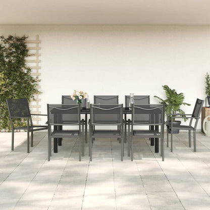 Set da Pranzo da Giardino 9 pz Nero in Acciaio e Textilene