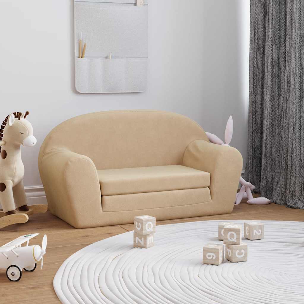 Divano Letto per Bambini a 2 Posti Crema in Morbido Peluche