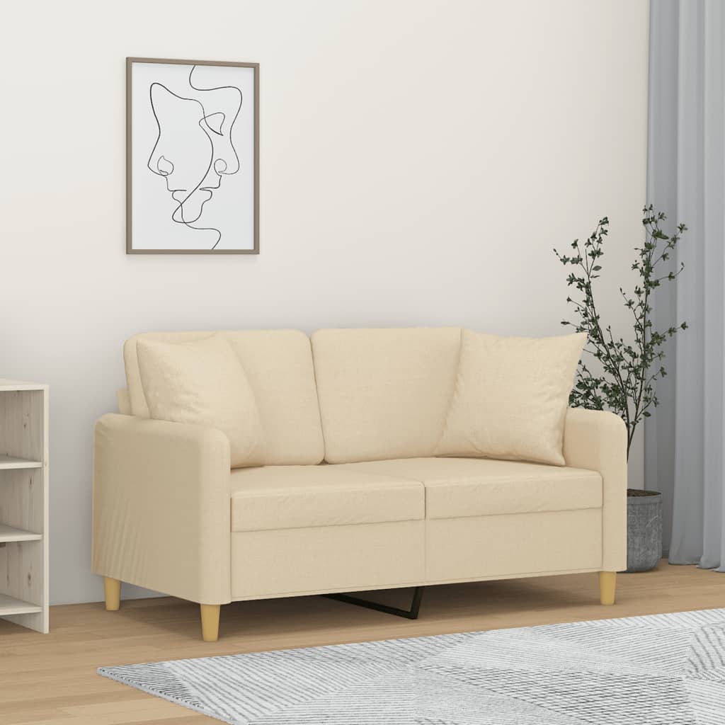 Divano a 2 Posti con Cuscini Crema 120 cm in Tessuto