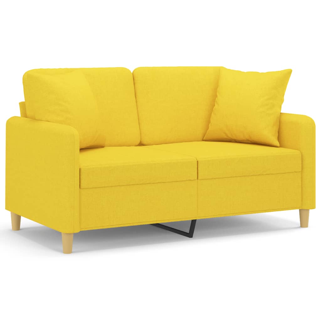 Divano a 2 Posti con Cuscini Giallo Chiaro 120 cm in Tessuto