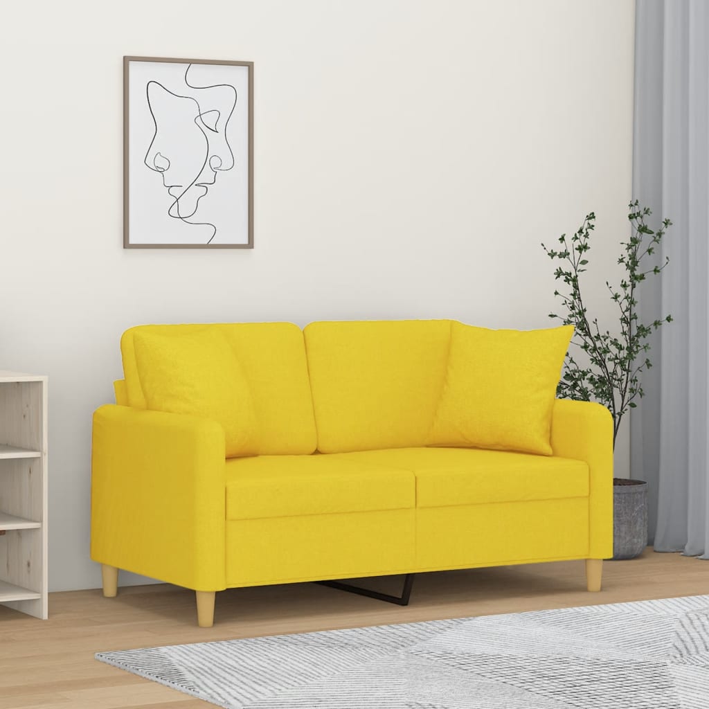 Divano a 2 Posti con Cuscini Giallo Chiaro 120 cm in Tessuto