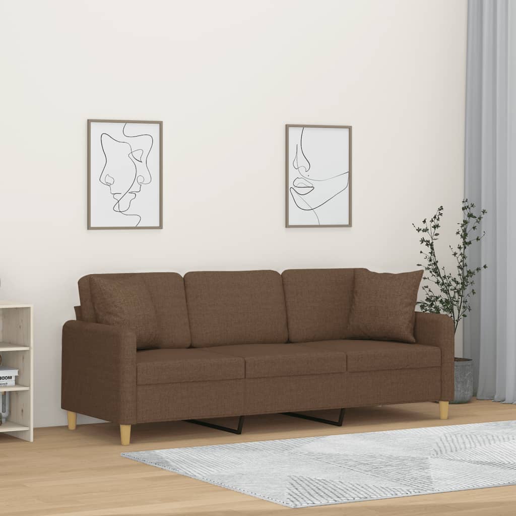 Divano a 3 Posti con Cuscini Marrone 180 cm in Tessuto