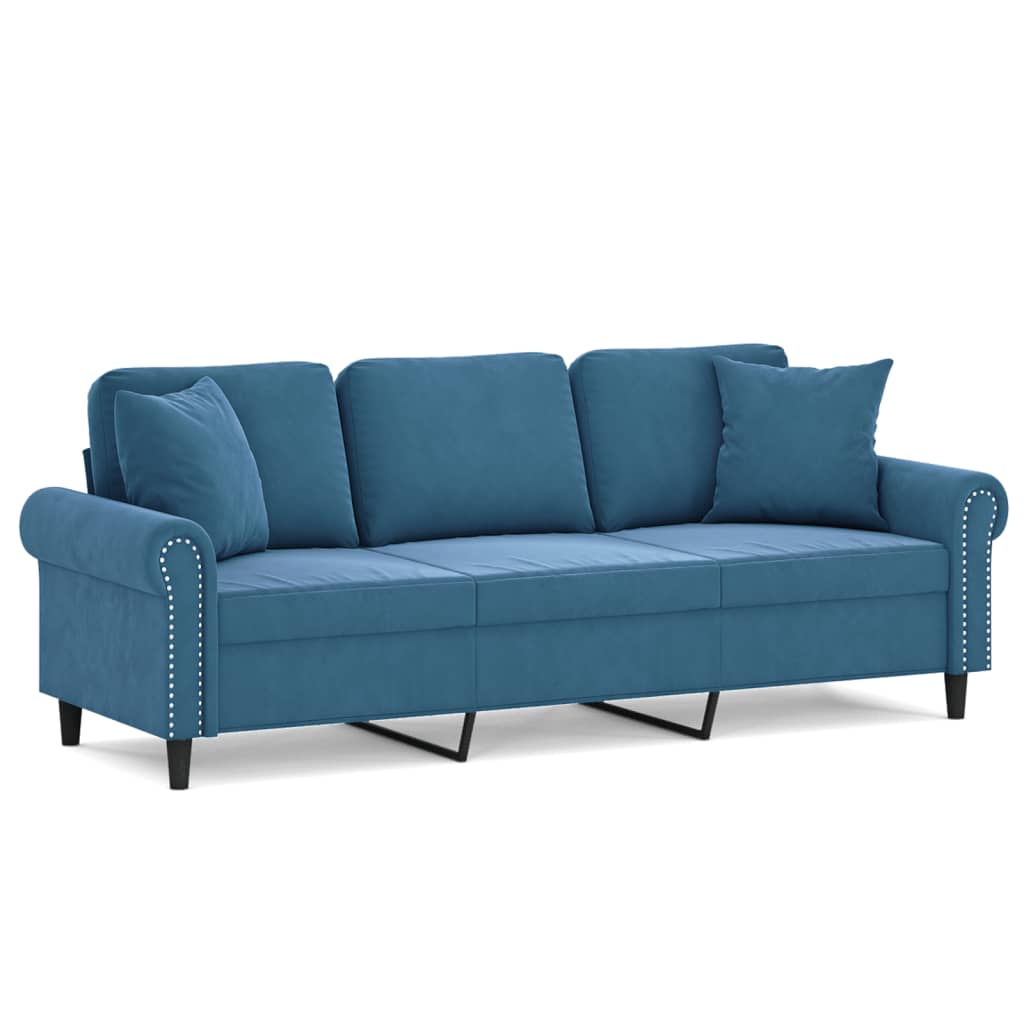 Divano a 3 Posti con Cuscini Blu 180 cm in Velluto
