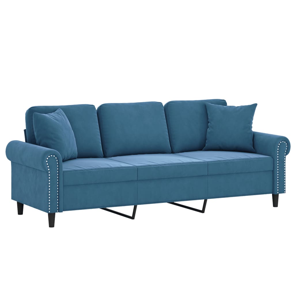 Divano a 3 Posti con Cuscini Blu 180 cm in Velluto