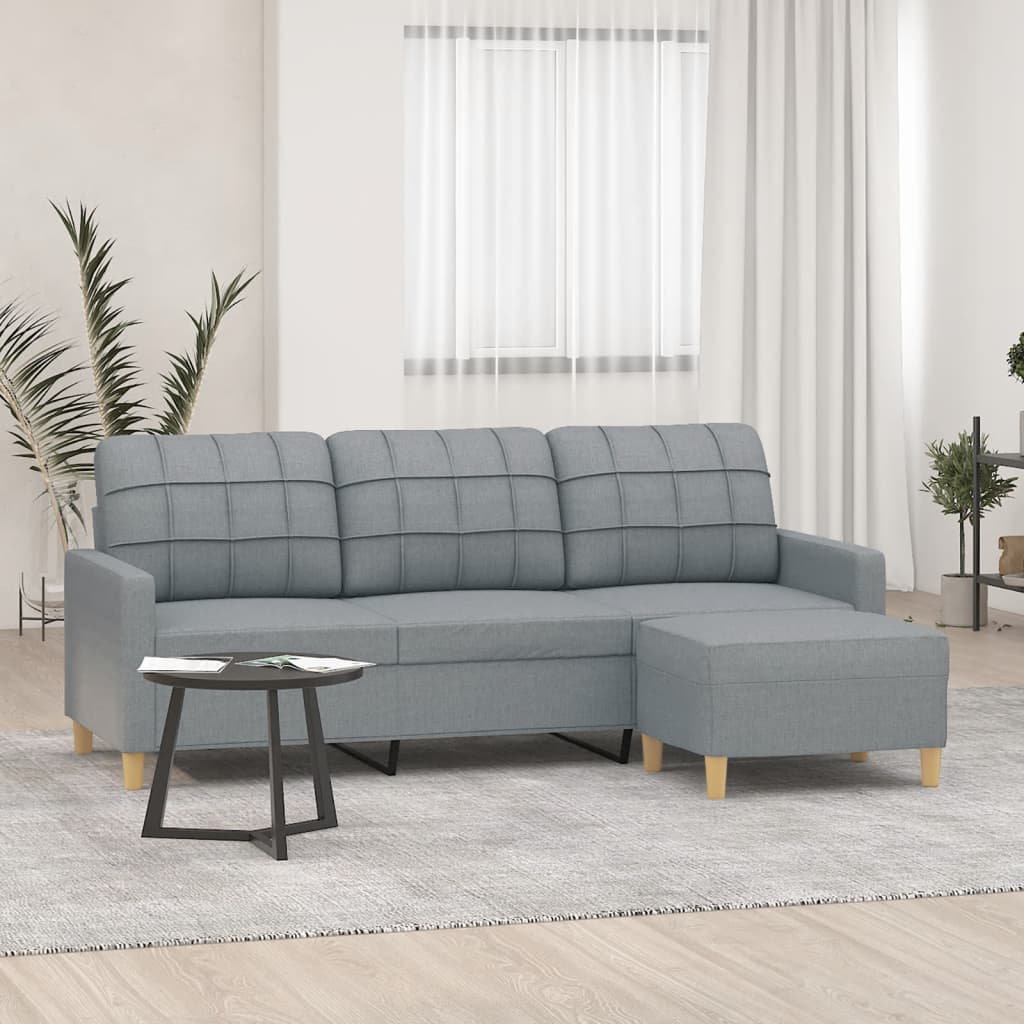 Divano a 3 Posti con Poggiapiedi Grigio Chiaro 180cm in Tessuto