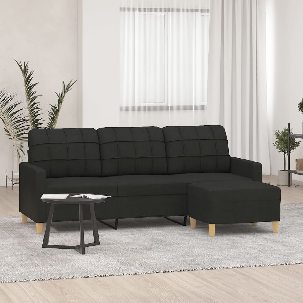 Divano a 3 Posti con Poggiapiedi Nero 180 cm in Tessuto