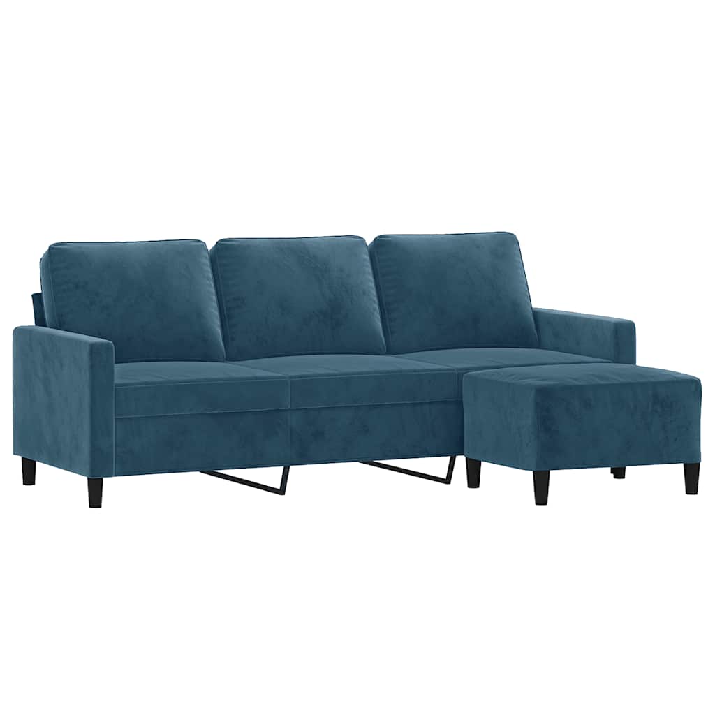 Divano a 3 Posti con Poggiapiedi Blu 180 cm in Velluto