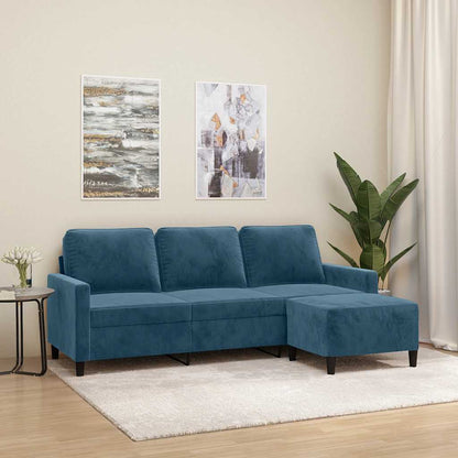 Divano a 3 Posti con Poggiapiedi Blu 180 cm in Velluto