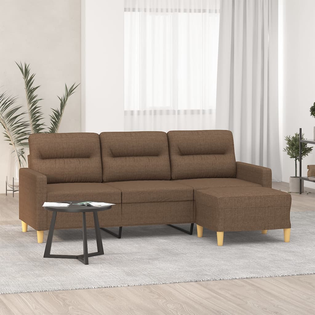 Divano a 3 Posti con Poggiapiedi Marrone 180 cm in Tessuto