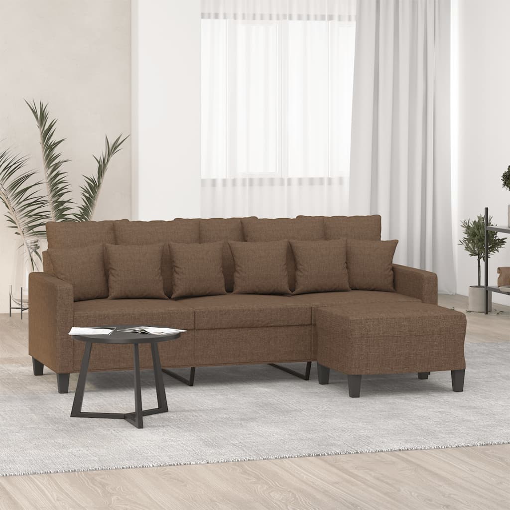 Divano a 3 Posti con Poggiapiedi Marrone 180 cm in Tessuto