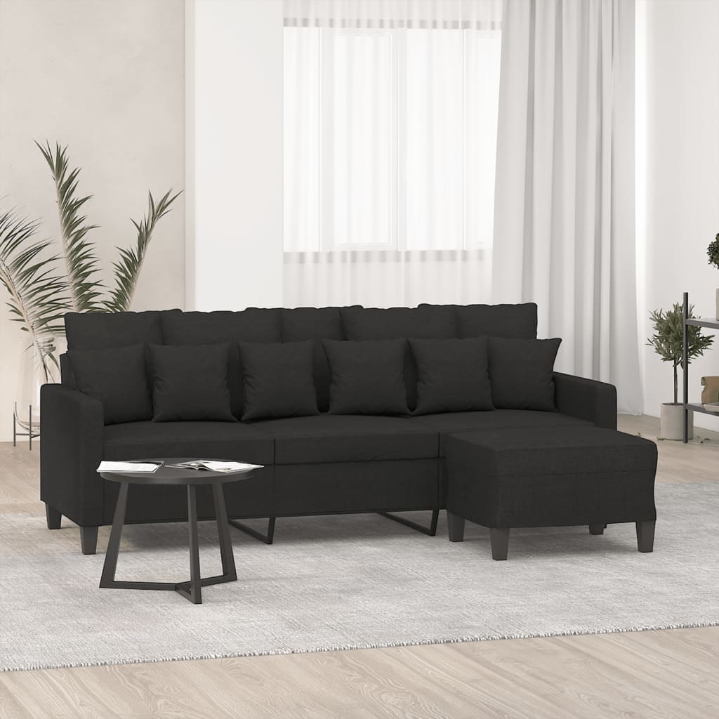 Divano a 3 Posti con Poggiapiedi Nero 180 cm in Tessuto