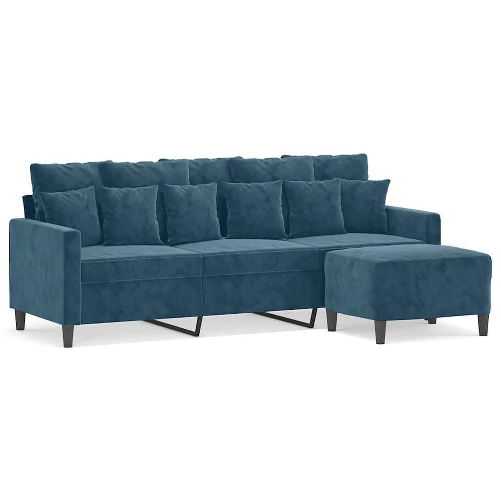 Divano a 3 Posti con Poggiapiedi Blu 180 cm in Velluto