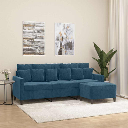Divano a 3 Posti con Poggiapiedi Blu 180 cm in Velluto