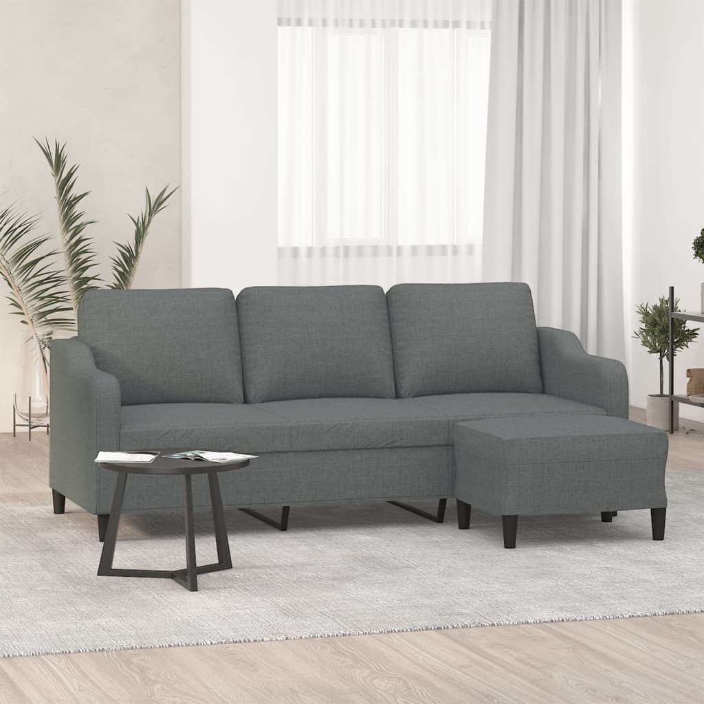 Divano a 3 Posti con Poggiapiedi Grigio Scuro 180cm in Tessuto