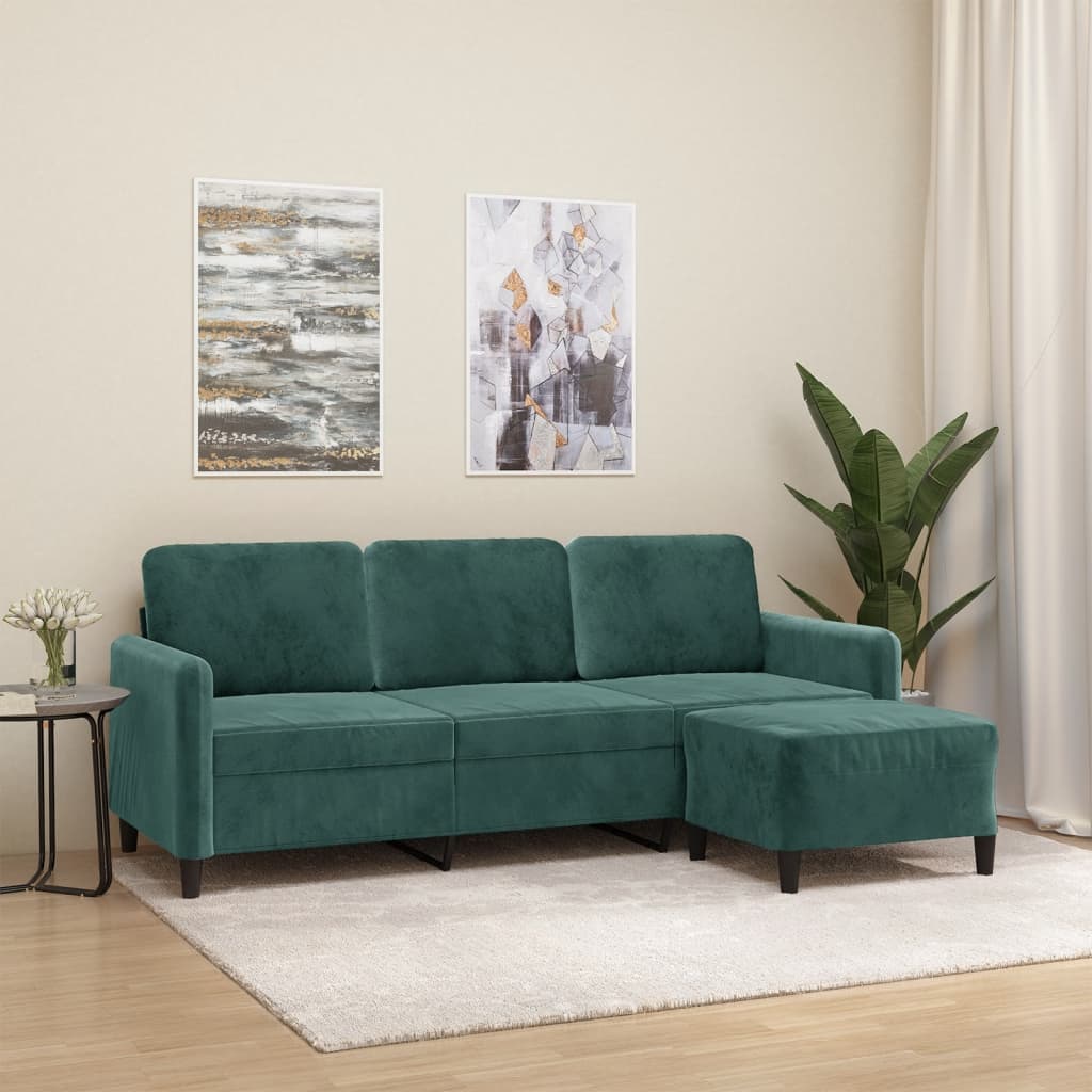Divano a 3 Posti con Poggiapiedi Verde scuro 180 cm in Velluto