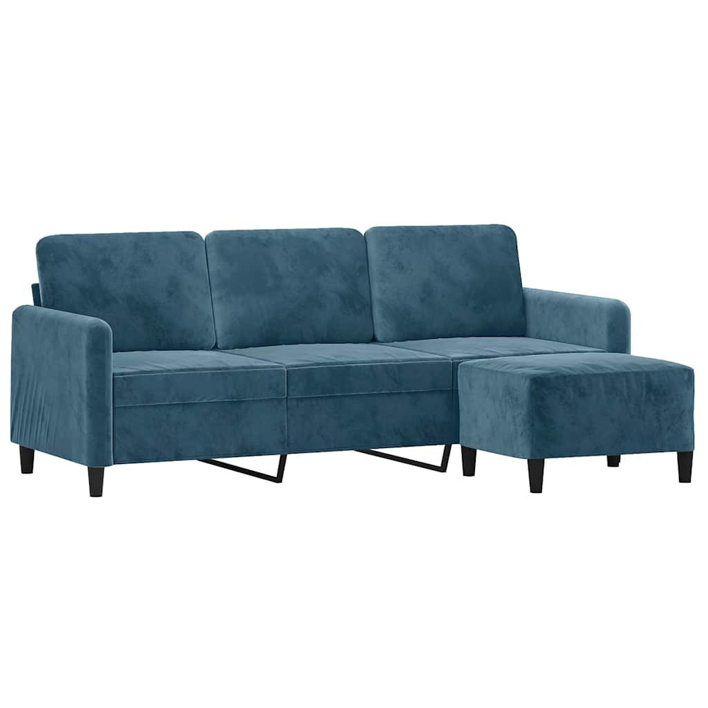 Divano a 3 Posti con Poggiapiedi Blu 180 cm in Velluto