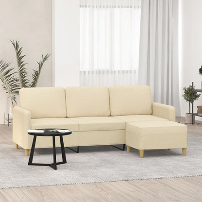 Divano a 3 Posti con Poggiapiedi Crema 180 cm in Tessuto
