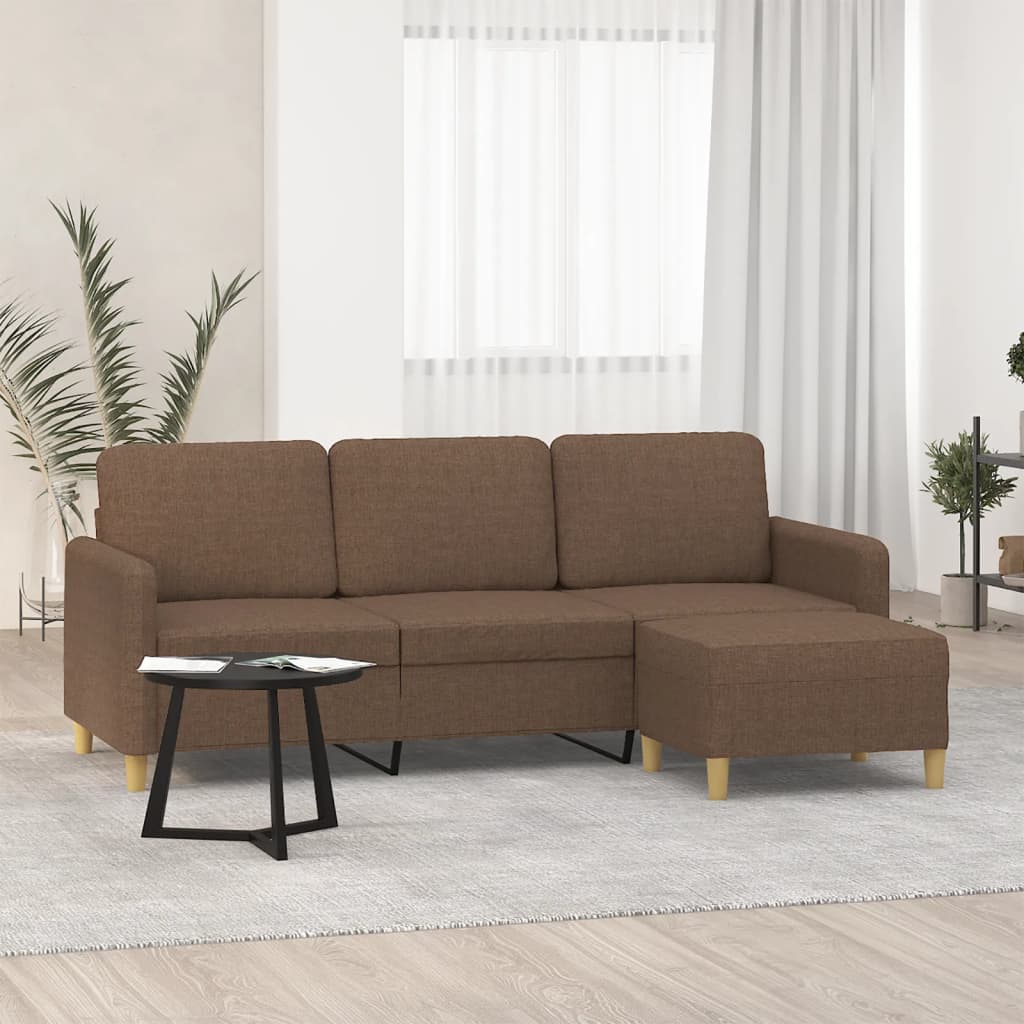 Divano a 3 Posti con Poggiapiedi Marrone 180 cm in Tessuto