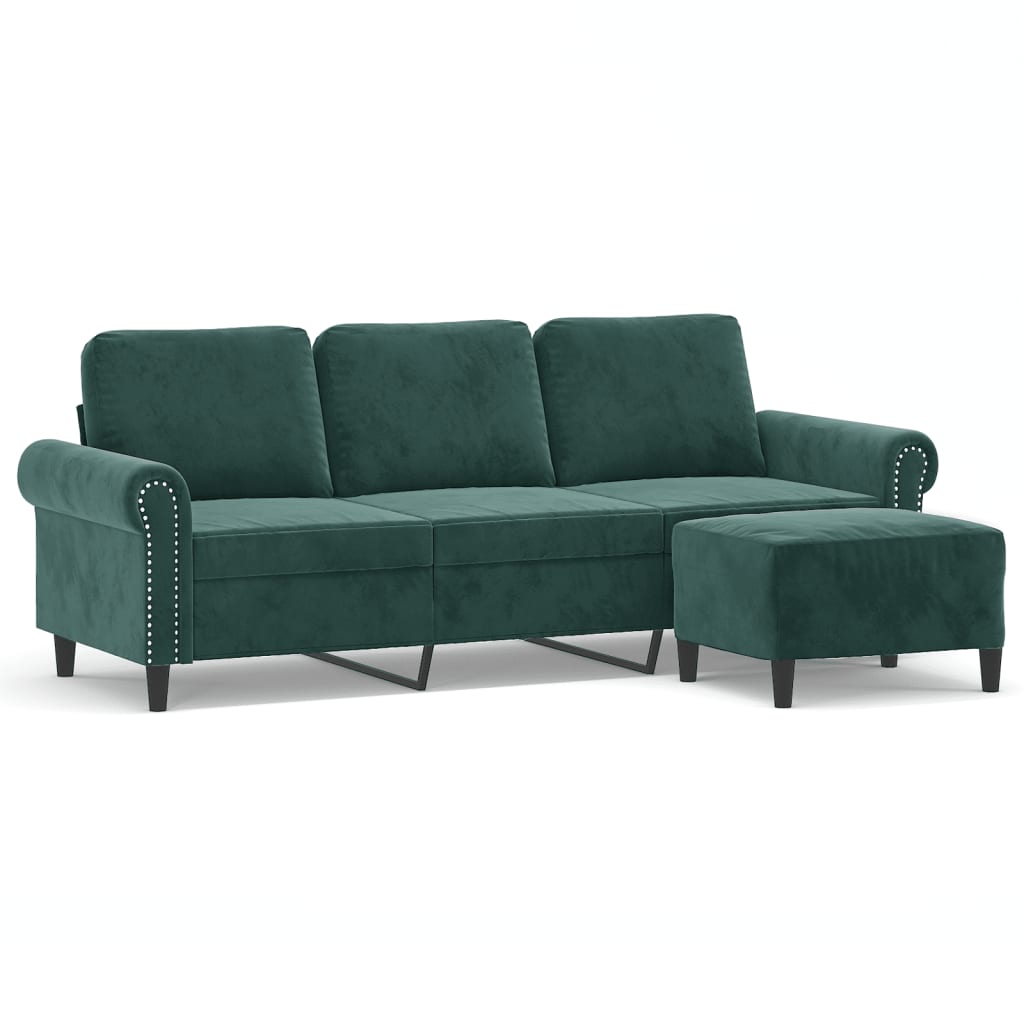 Divano a 3 Posti con Poggiapiedi Verde scuro 180 cm in Velluto