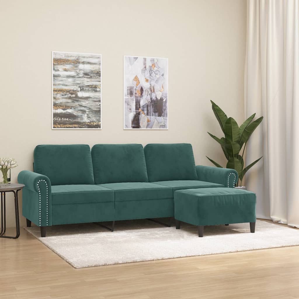 Divano a 3 Posti con Poggiapiedi Verde scuro 180 cm in Velluto