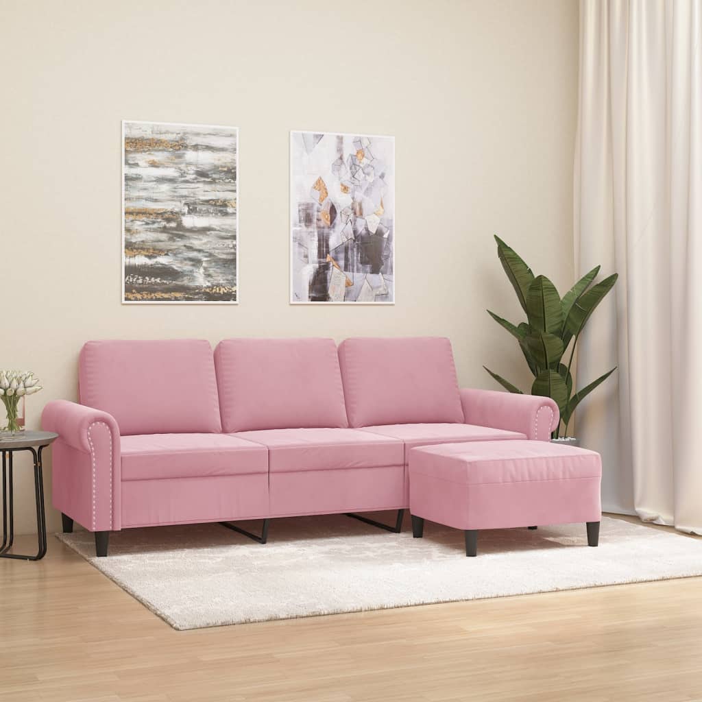 Divano a 3 Posti con Poggiapiedi rosa 180 cm in Velluto