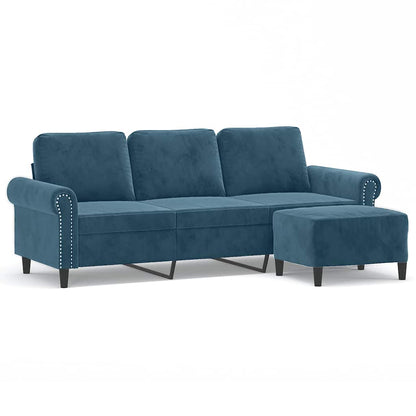 Divano a 3 Posti con Poggiapiedi Blu 180 cm in Velluto