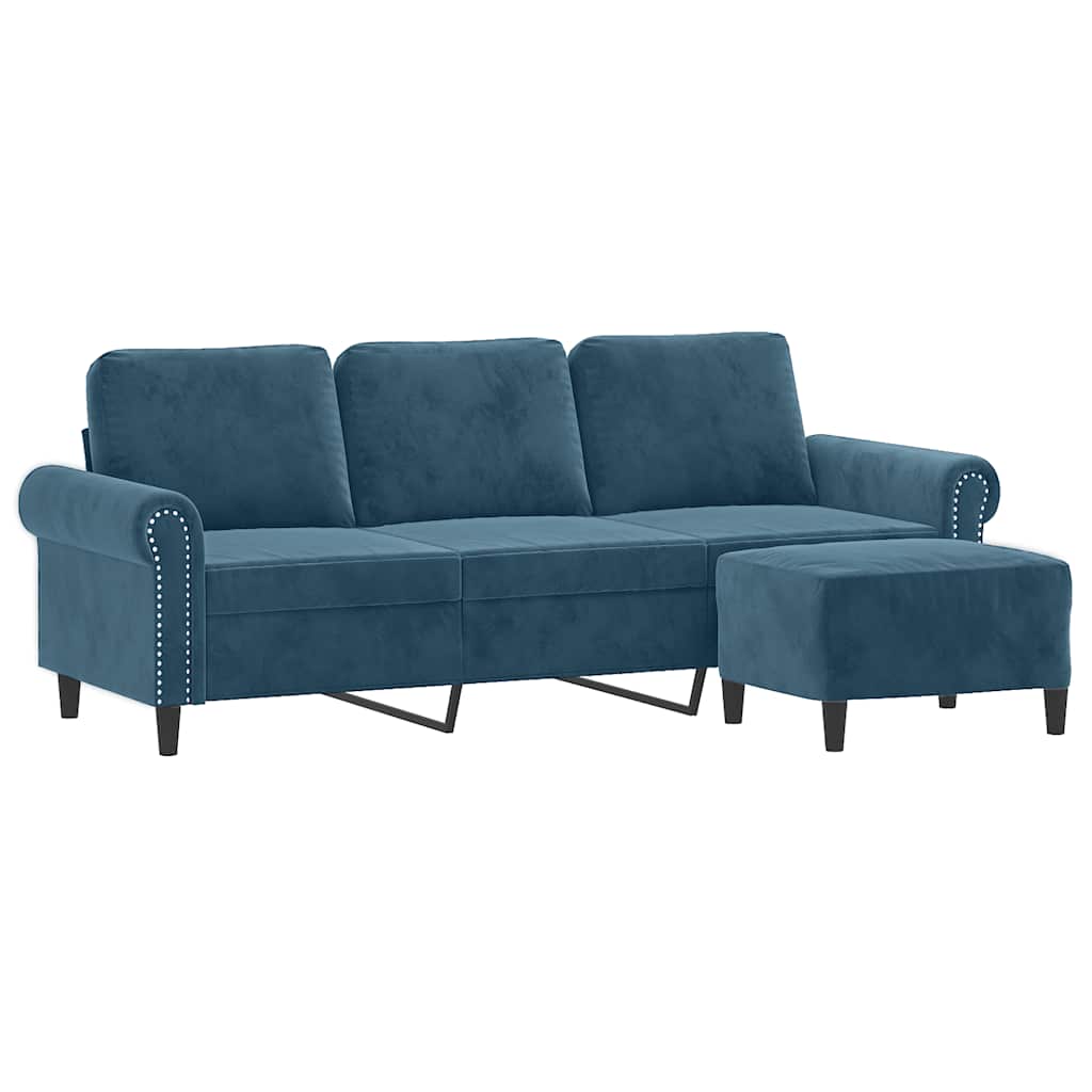 Divano a 3 Posti con Poggiapiedi Blu 180 cm in Velluto