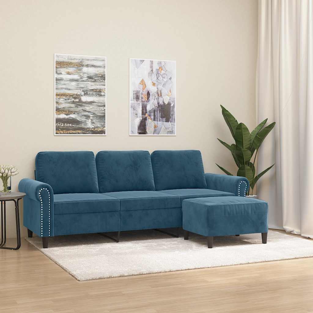 Divano a 3 Posti con Poggiapiedi Blu 180 cm in Velluto