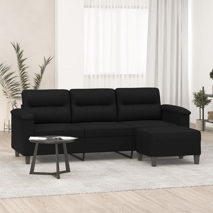 Divano a 3 Posti con Poggiapiedi Nero 180cm Tessuto Microfibra