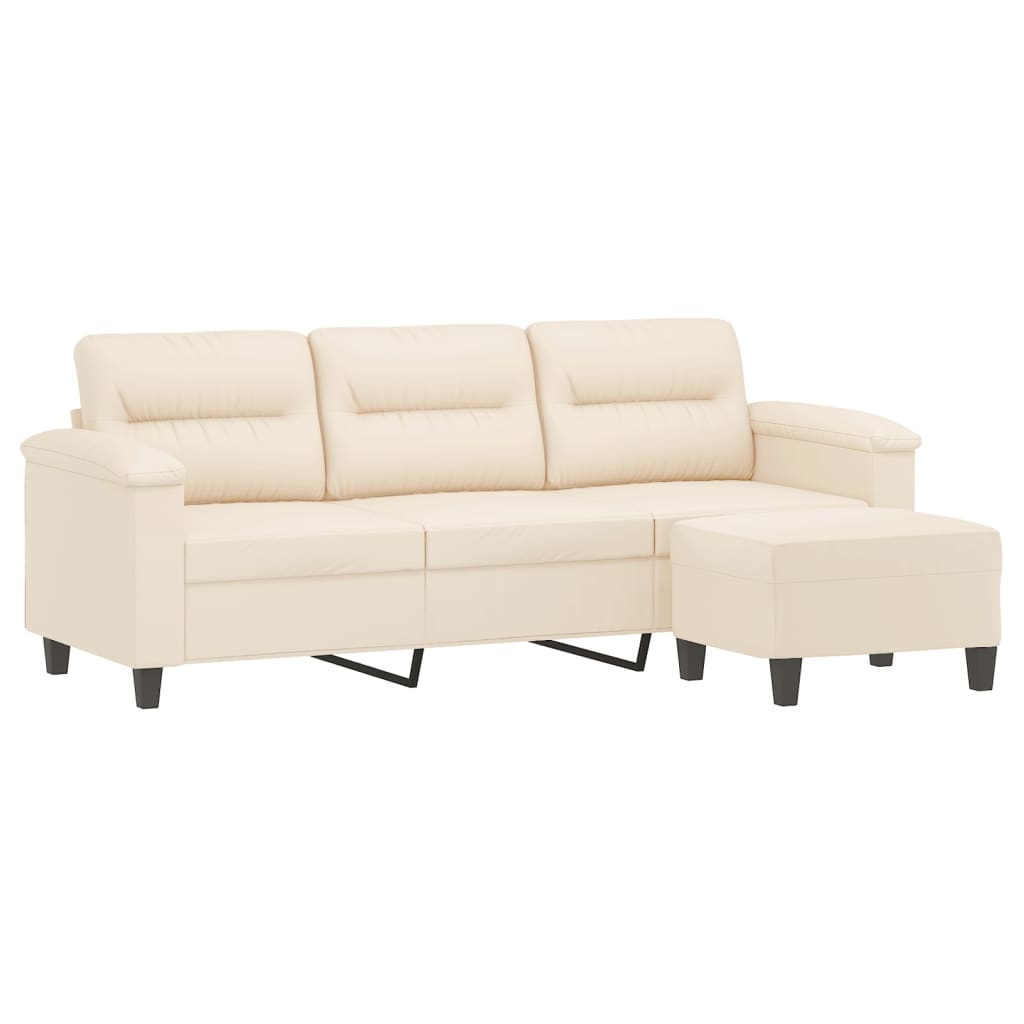 Divano a 3 Posti con Poggiapiedi Beige 180cm Tessuto Microfibra
