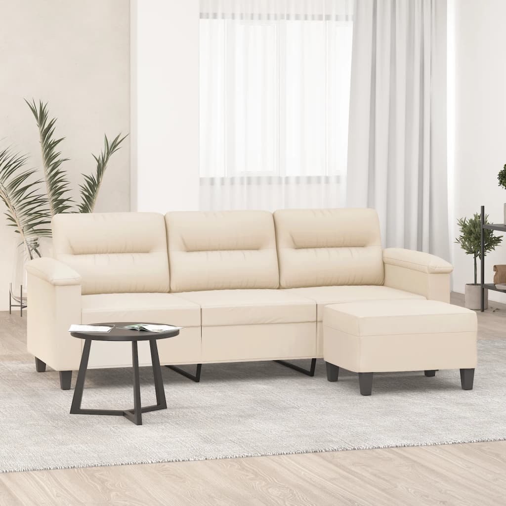 Divano a 3 Posti con Poggiapiedi Beige 180cm Tessuto Microfibra