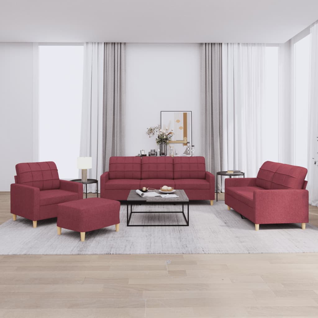 Set di Divani 4 pz con Cuscini Rosso Vino in Tessuto