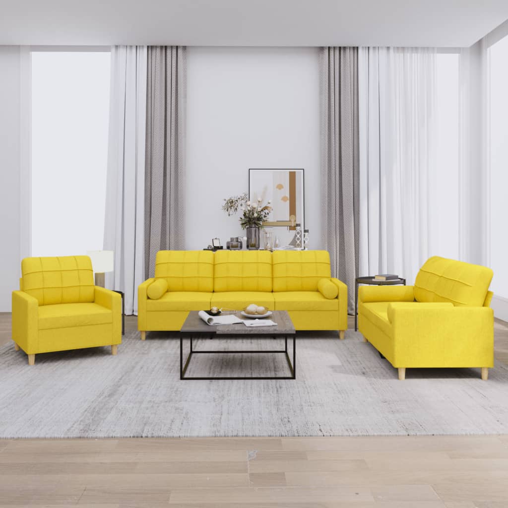 Set di Divani 3 pz con Cuscini Giallo Chiaro in Tessuto