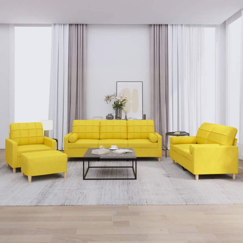 Set di Divani 4 pz con Cuscini Giallo Chiaro in Tessuto