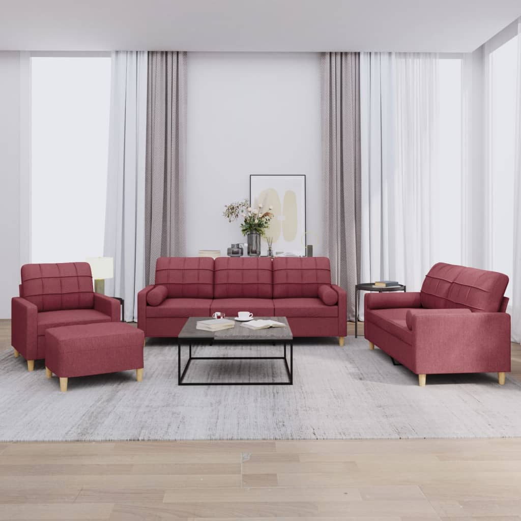Set di Divani 4 pz con Cuscini Rosso Vino in Tessuto
