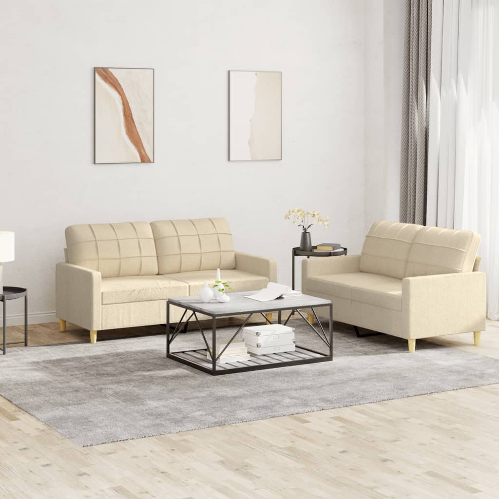 Set di Divani 2 pz con Cuscini Crema in Tessuto