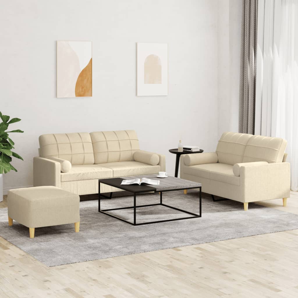 Set Divani 3 pz con Cuscini Crema in Tessuto
