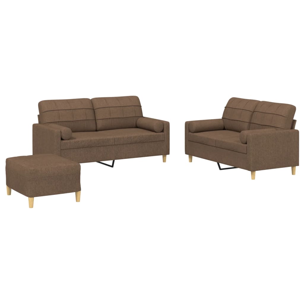 Set di Divani 3 pz con Cuscini Marrone in Tessuto