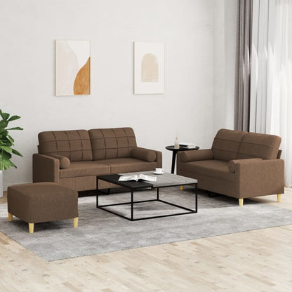 Set di Divani 3 pz con Cuscini Marrone in Tessuto