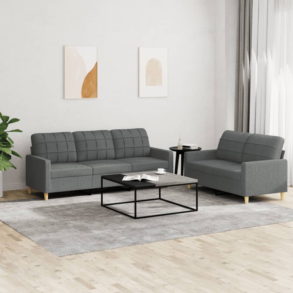 Set di Divani 2 pz con Cuscini Grigio Scuro in Tessuto