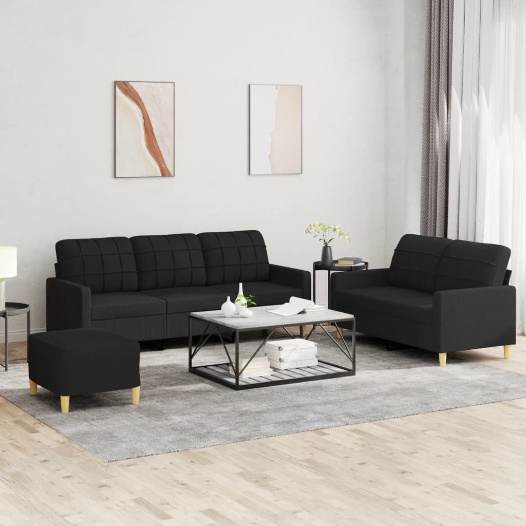 Set di Divani 3 pz con Cuscini Nero in Tessuto