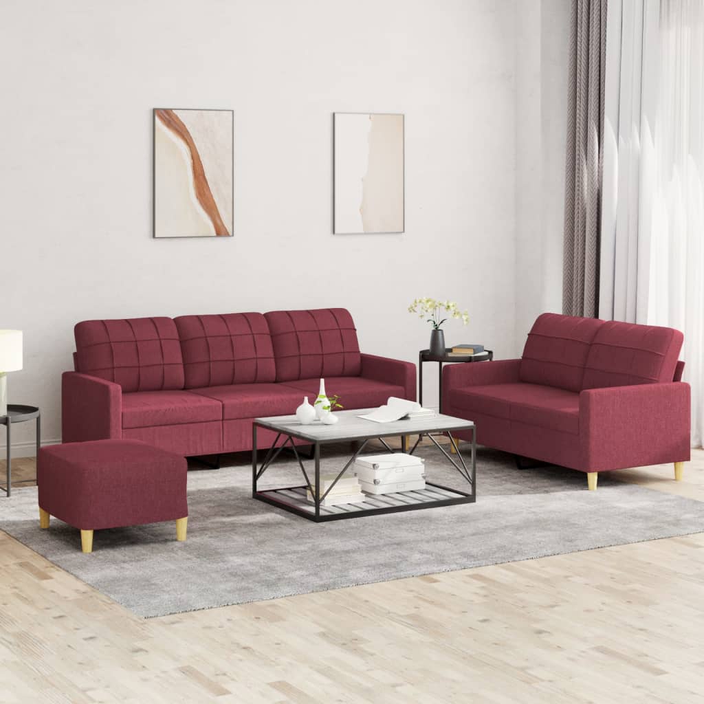 Set di Divani 3 pz con Cuscini Rosso Vino in Tessuto