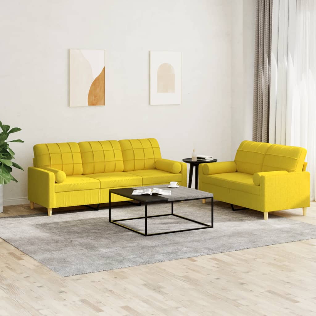 Set di Divani 2 pz con Cuscini Giallo Chiaro in Tessuto
