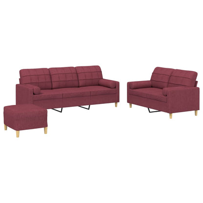 Set di Divani 3 pz con Cuscini Rosso Vino in Tessuto