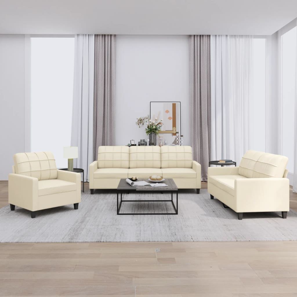Set di Divani 3 pz con Cuscini Crema in Similpelle