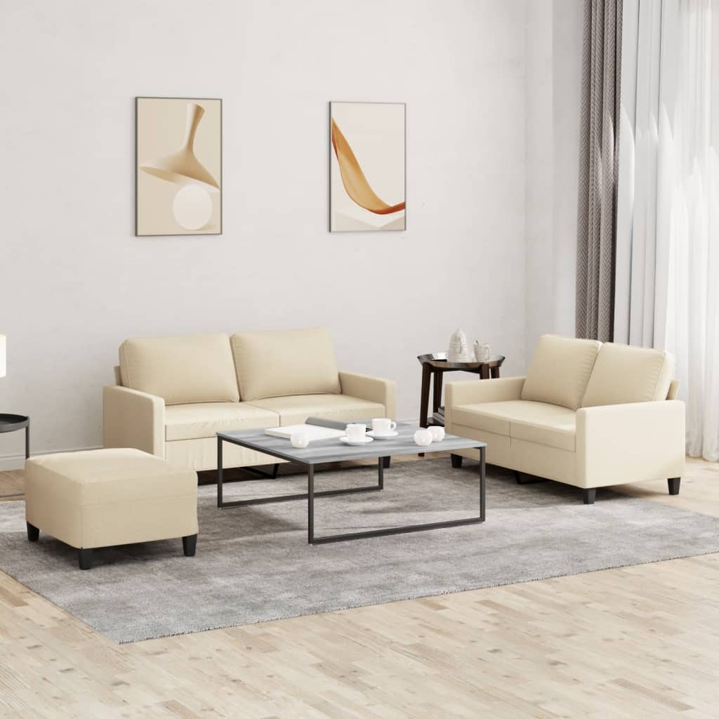 Set di Divani 3 pz con Cuscini Crema in Tessuto