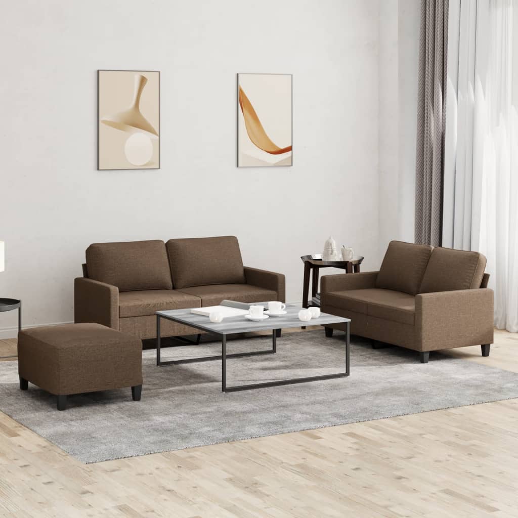 Set di Divani 3 pz con Cuscini Marrone in Tessuto